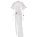 Detail view of waist pleated design with golden buckle on white slim fit maxi dress - S / White
