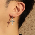 Silver cross drop earrings with sparkling white crystals for a stylish trendy look - White Gold Trendy Pave Huggie Cross