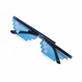Detail view of pixelated Thug Life sunglasses with blue lenses and black mosaic frames - Single Row Blue