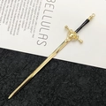 Golden sword-shaped hair stick with black handle and decorative ring for hair styling - Enamel Filling / Color Retention KC Gold