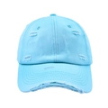 Detailed close-up of the distressed torn fabric edges on a vintage sky blue cotton cap - Lake Blue