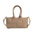 Beige geflochtene Tragetasche aus Leder mit Doppelgriffen und abnehmbarem Gurt - Khaki