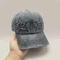 Vintage graue Denim-Baseballkappe mit Sternen-Patches und Distressed-Details für Damen - Verstellbar / Schwarz