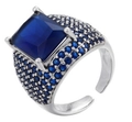 Silver square blue sapphire zircon ring with micro-pave stones and open adjustable band - Adjustable Open / Silver-Blue Zirconia