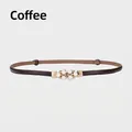 Coffee brown faux leather belt for women with pearl and gold metal buckle detail - Coffee
