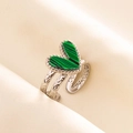 Detail of silver adjustable ring with green heart malachite on beige silk - Adjustable Open / Silver - Green Malachite Style