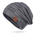 Dark grey knitted beanie with warm fleece lining and brown sport leather patch - Mixed Grey