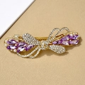 Golden bow spring hair clip with purple crystals and pearls on beige texture background - Bai Yue Twilight Purple
