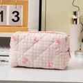 Quilted floral makeup bag with pink bow pattern and zipper closure in soft cotton - Plaid Pink Bow