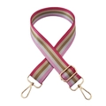 Macro detail of multi-color striped bag strap with premium gold metal swivel hooks - Pink Stripe