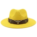 Detailed straw jazz hat with brown leather band and metallic bull head ornament - Yellow