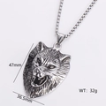 Detailed view of vintage silver wolf head pendant with precise dimensions 47mm by 36.5mm - Single Pendant Style 17