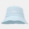 Detail of light blue bucket hat featuring white Seattle embroidery and breathable fabric - Light Blue