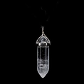 Hexagonal clear crystal quartz pillar pendant with silver metal clasp on black background - Moon Charm / Clear White