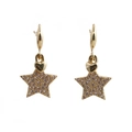 Gold star drop earrings with pink cubic zirconia and heart detail on white background - Pink Star with Heart Style