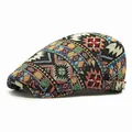 Vintage bohemian geometric pattern ivy cap with adjustable side metal buckle - Black
