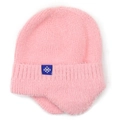 Detailed view of pink knitted ear-protection hat featuring soft fluffy texture and snowflake tag - Pink