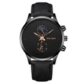 YOLAKO men's black quartz watch with rose gold indices and moon phase dial detail - Rose Gold Hands Black Strap