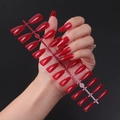 Glossy red medium-long coffin press-on nails displayed on a strip with UV coating finish - Bright Red (ZBLL-13)