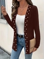 Close-up of deep reddish-brown knit cardigan featuring elegant white pearl bead trimming - S / Coffee
