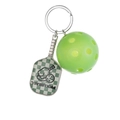 Pickleball keychain featuring a green checkered metal paddle and a green plastic ball - Green Pickleball Paddle C With Plastic Ball