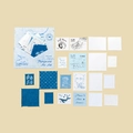 Vintage postzegelstickerset in blauw en wit met zee- en walvismotieven, 20 stuks set - Transparant Zeezout