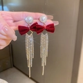Elegant red velvet bow earrings with pearl studs and sparkling rhinestone tassels on ear - 19# Silver Needle - Red - Tassel Bow