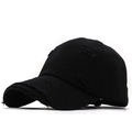 Detailed view of the distressed ripped edges on a black cotton vintage baseball cap - 56-61CM Adjustable / Black