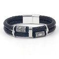 Bracelet double rang en cuir tressé pour homme avec perles de style viking argentées - Cordon en cuir noir
