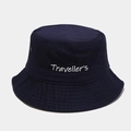 Close-up of navy cotton bucket hat featuring white Traveller's embroidery and metal eyelets - M (56-58cm) / Navy Blue