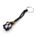 Handmade woven net keychain featuring a natural pink crystal stone and brown wood bead - Clear Quartz + Black Mesh Keychain