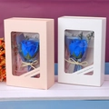 Blue rose soap flower gift box set with white and pink windows and elegant text - White Box / Blue
