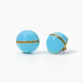 Detailed macro view of blue enamel half-ball earrings with a gold chain-link inlay - Blue (KDE1825)