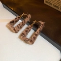 Macro shot of rectangular leopard print plush earrings with gold metal frame - 19#925 Sterling Silver Earring Post-Gold Brown Leopard Square