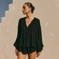Damen-Set in Schwarz aus Leinenoptik mit Laternenärmel-Hemd und Rüschen-Shorts - S / Schwarz