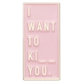 Pink enamel brooch with golden frame featuring I WANT TO KI _ _ YOU lettering design - Pink Funny - I WANT TO KI _ _ YOU.
