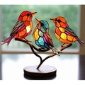 Stained glass bird figurines on a bronze branch base for colorful home decor accents - 3 Birds Ornament (Single Branch) / Metal