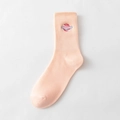Pastel pink crew socks with Saturn planet embroidery and ribbed cotton cuffs - One Size / Pink
