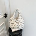 Corduroy tote bag with yellow tulip prints on white background, stylish large shoulder bag - Flower Style
