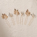 Lot de six épingles à cheveux feuilles dorées et cristaux en forme de U sur papier beige - HS-J5907 Or (6 pièces/paquet)