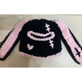 Handmade knitted balaclava with rabbit ears in black and pink featuring heart pattern - Red Pink Rabbit Ears