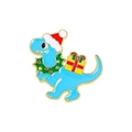 Weihnachts-Emaille-Anstecknadel mit blauem Dino, Weihnachtsmütze und festlichem Kranz - Weihnachten Blauer Dinosaurier (A16-4-593)