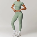 Sage green yoga set with high-waist leggings and slim-fit crop top for workout - S / Top And Bottom / Short Sleeve + Leggings / Basil Green