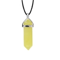 Macro detail of hexagonal yellow crystal point pendant with silver clasp and black cord - Yellow Jade + Leather Cord