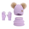 Light purple children's knit set with double pom-pom hat, scarf and touchscreen gloves - Three-Piece Set / Purple