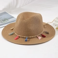 Cappello Panama in paglia marrone chiaro con nappe colorate e finiture in corda stile boho - M (56-58cm) / Cuoio