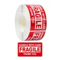 Macro detail of 45x25mm red Fragile warning labels on a roll with white Handle With Care text - C127 (Red White FRAGILE)
