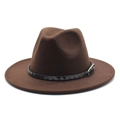 Close-up detail of dark brown wool fedora hat with textured woven belt decoration - M (56-58cm) / Dark Coffee