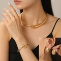 Three-piece KC gold metal jewelry set with sleek collar, spring bracelet and teardrop earrings - Bangle + Choker + Earrings (39) / Three-Piece Set / KC Gold