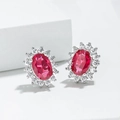 Boucles d'oreilles en argent avec rubis ovales entourés de cristaux blancs - Stud boucles d'oreilles / Or Blanc Rouge Rubis